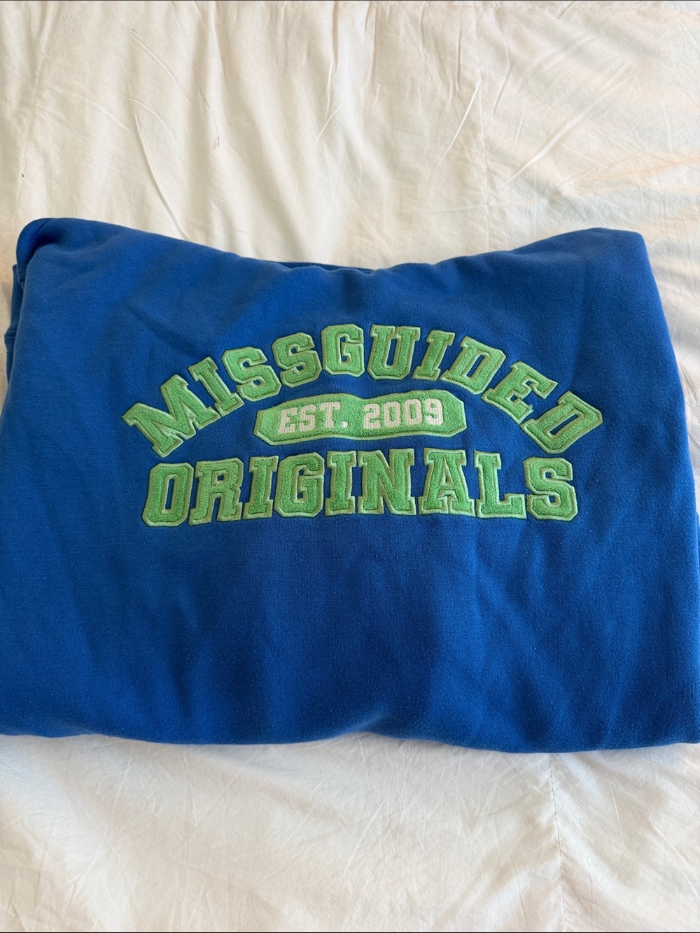 Missguided Blue Long Hoodie with Green Embroidered Logo
